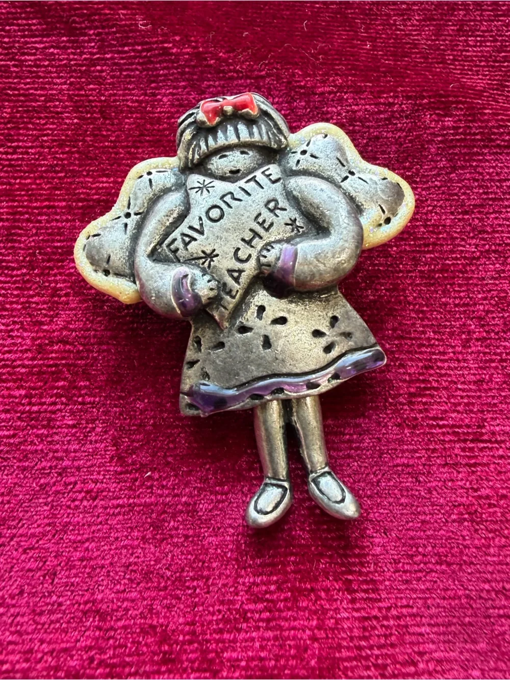 Vintage Tonya Creations Favorite Teacher Dangle Legs Angel Pewter Brooch Pin
